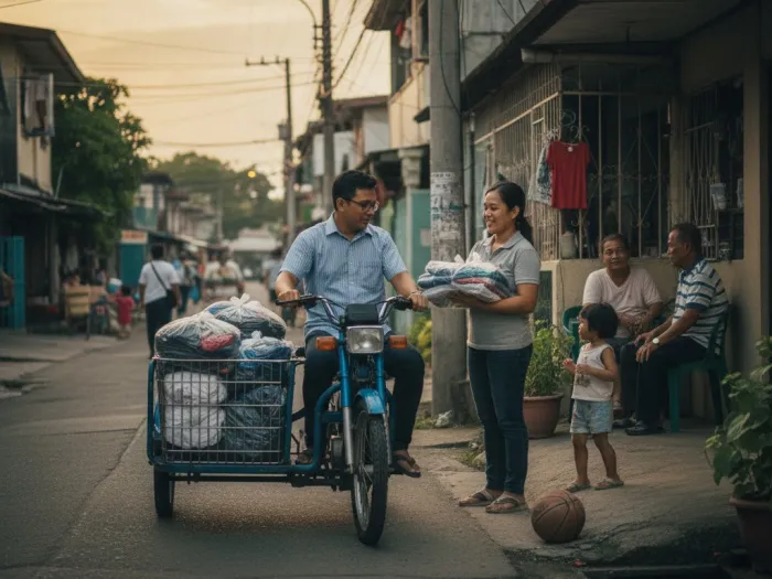 community focused laundry shop business philippines Filipino laundry shop owner delivering folded clothes to customers in a barangay.