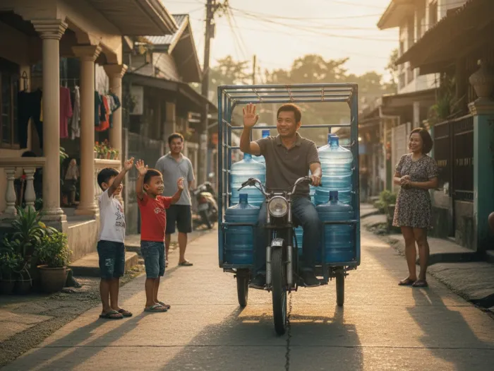 Filipino owner delivering water gallons to local homes as his water station grows with the community.