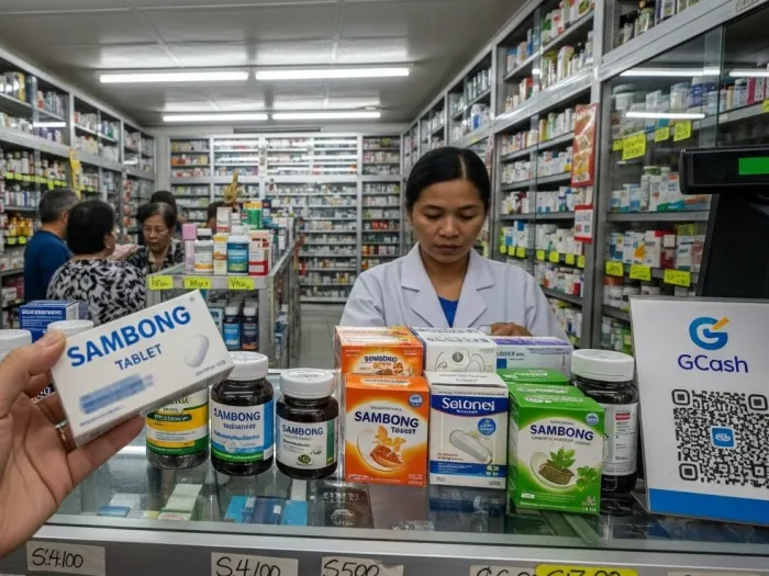 Filipino customer selecting DOH-approved Sambong tablets and tea bags in a local pharmacy.