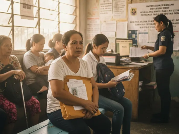 dswd aics assistance pinoy office Filipina applying for DSWD AICS aid with documents inside a small office.