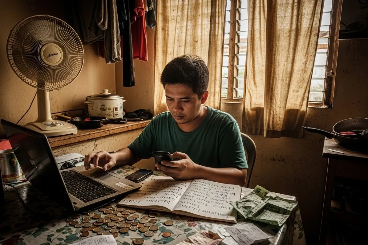 Filipino budget investor planning investments inside a modest Philippine home.