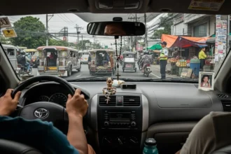 Filipino driver signaling and driving courteously on a busy Philippine street with jeepneys and tricycles around.