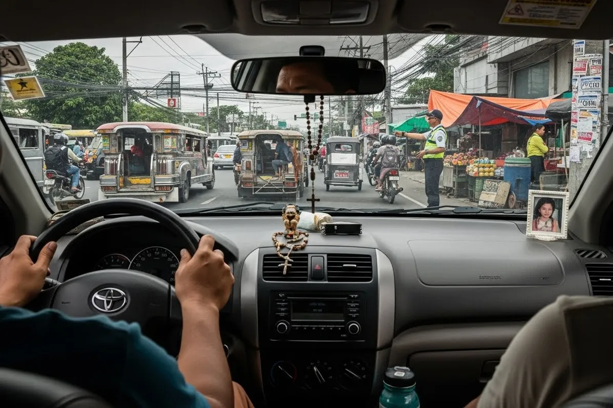 Filipino driver signaling and driving courteously on a busy Philippine street with jeepneys and tricycles around.