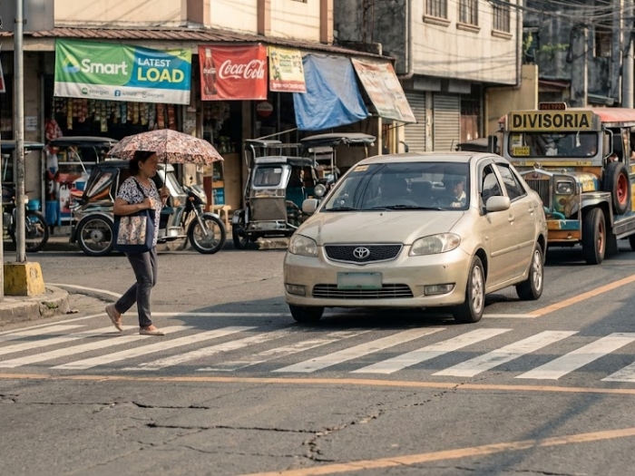 filipino driving etiquette right of way Filipino driver stopping at a crosswalk to give pedestrians the right of way.