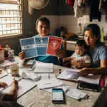 Filipino family comparing HMO, PhilHealth, and life insurance options at home.