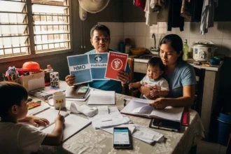 Filipino family comparing HMO, PhilHealth, and life insurance options at home.