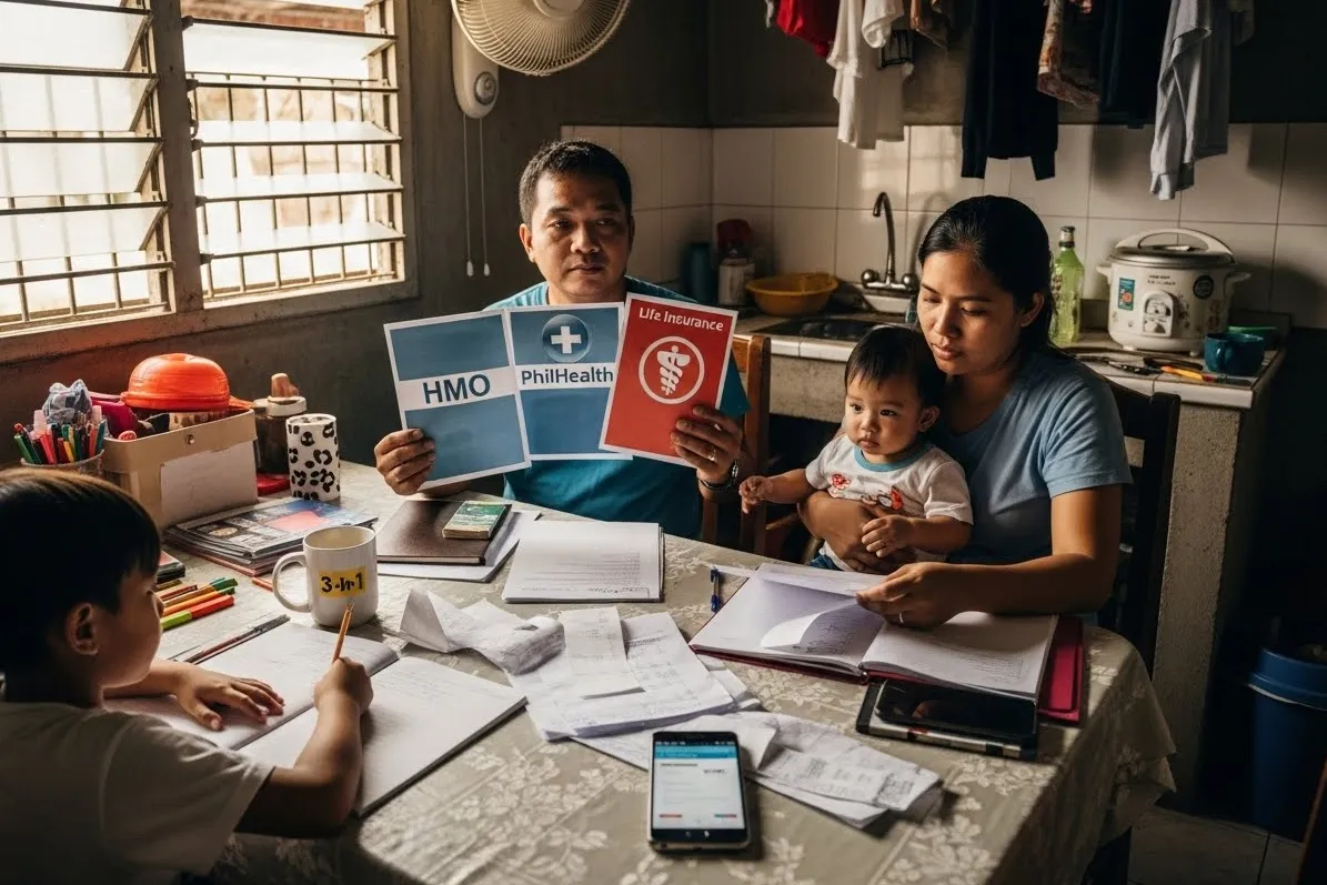 Filipino family comparing HMO, PhilHealth, and life insurance options at home.