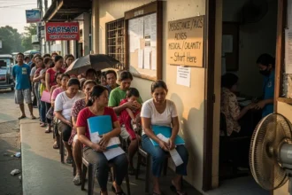 Filipinos lining up at a barangay hall to apply for government assistance.