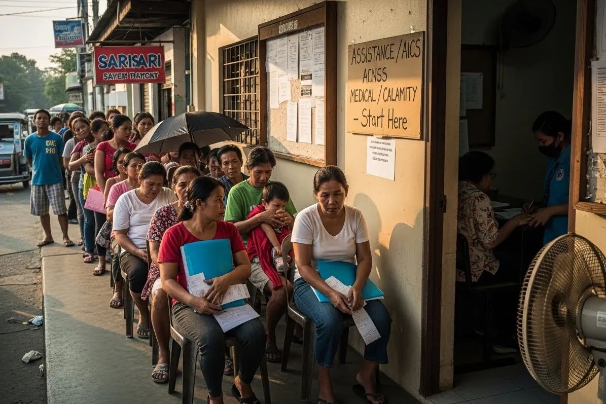 Filipinos lining up at a barangay hall to apply for government assistance.