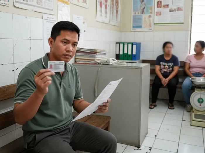 hmo coverage philippines pinoy clinic Filipino employee reviewing HMO coverage while waiting at a small clinic.