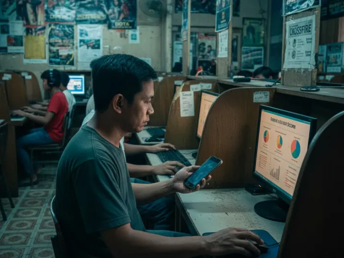 Filipino man checking how credit scores are calculated inside a local computer shop.