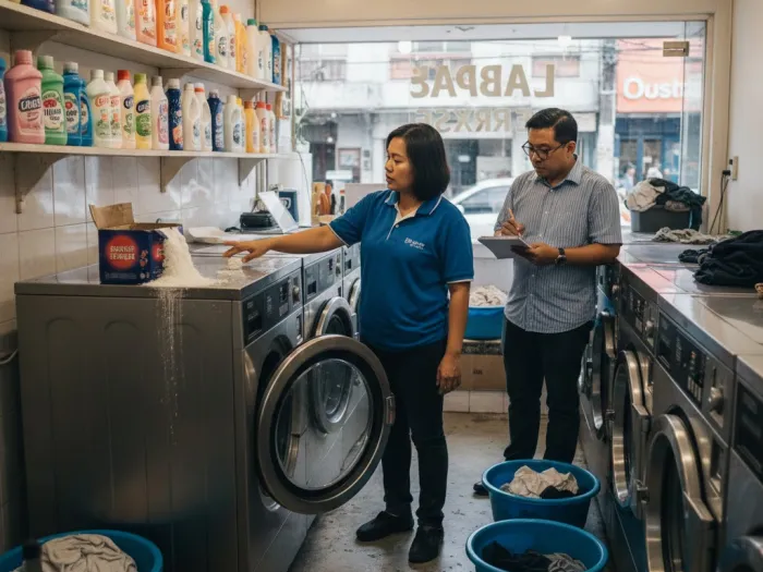 how laundry shop works philippines guide Filipino owner learning how a laundry shop works and how washing and drying machines operate.