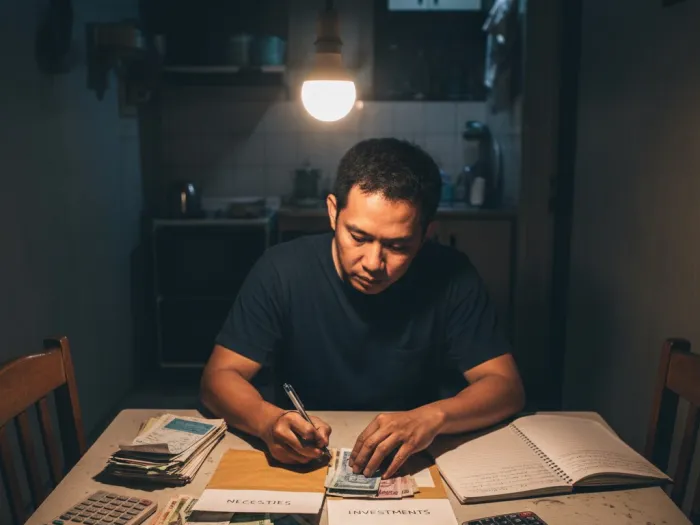 Filipino budgeting how much to invest using a notebook and salary envelope.