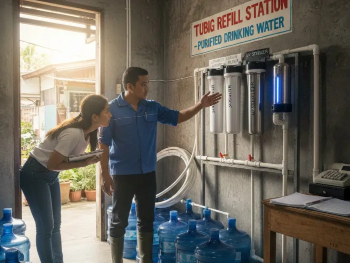 Filipino technician explaining how a water refilling station filtration system works in the Philippines.