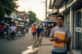 Filipino man outside a small provincial bank preparing credit score documents in the Philippines.