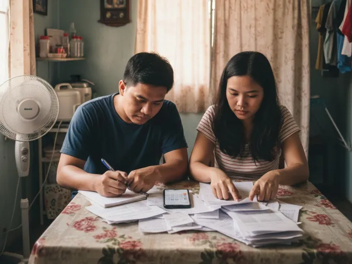 Filipino couple reviewing bills and organizing payments to improve their credit score.