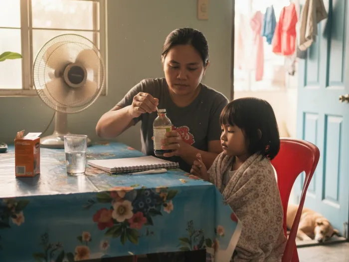 Filipino parent preparing the proper Lagundi dosage for a child inside a typical Philippine home.