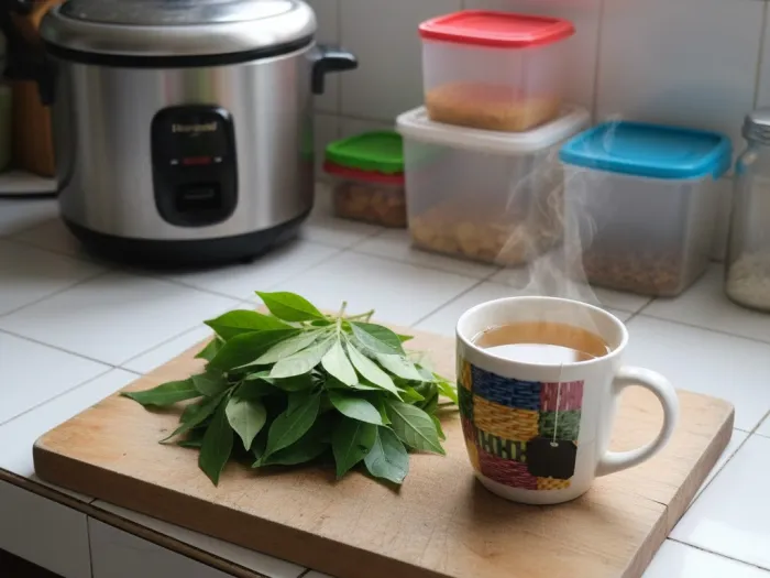 Lagundi leaves and tea prepared in a Filipino kitchen to highlight its health benefits.