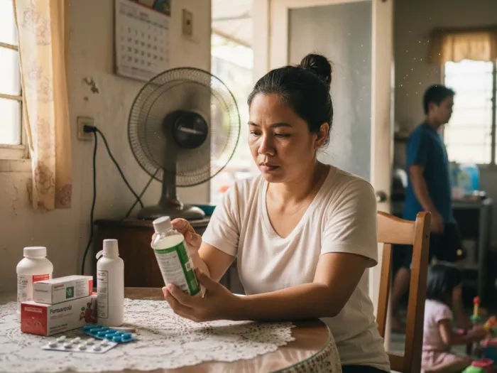 Filipina reading safety precautions and side effects on a Lagundi syrup bottle at home.