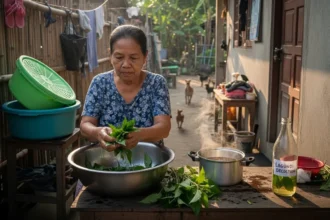 Filipina elder preparing fresh Lagundi (Vitex negundo) leaves for herbal use in a traditional Philippine home.