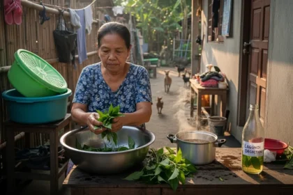 Filipina elder preparing fresh Lagundi (Vitex negundo) leaves for herbal use in a traditional Philippine home.