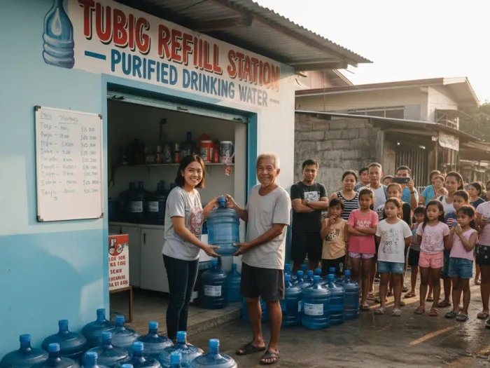 Filipino owner serving the first customer during the launch of a water refilling station.