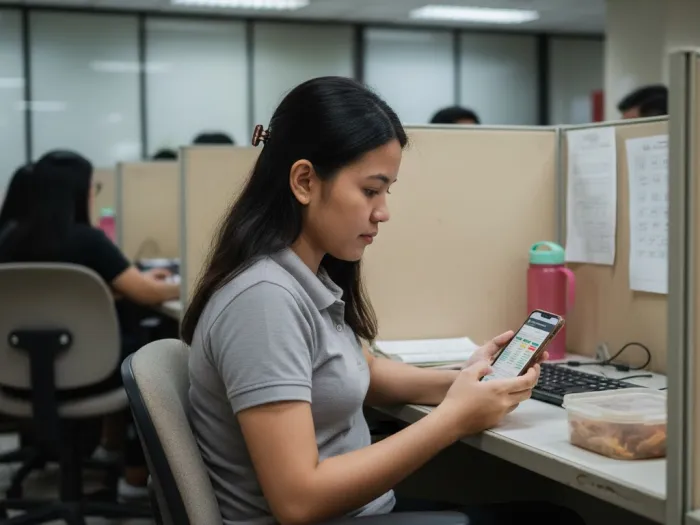 Filipina employee reviewing life insurance comparisons during a work break.
