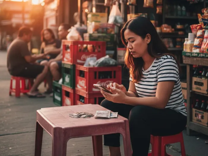 Filipina computing life insurance premium costs outside a sari-sari store.