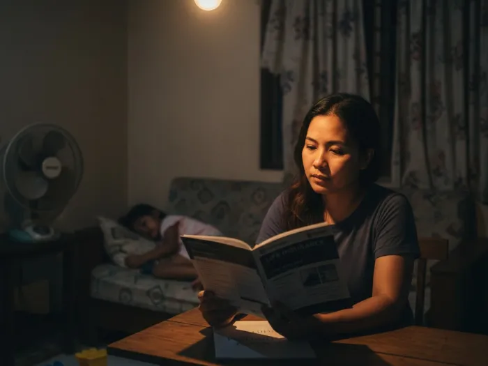 life insurance coverage pinay night home Filipina studying life insurance coverage while her child sleeps nearby.