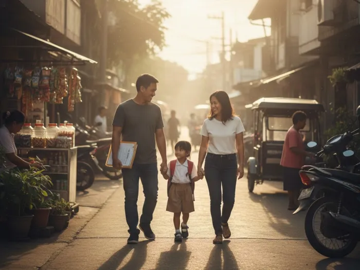 Filipino couple walking home with their child after securing life insurance protection.