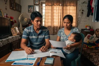 Filipino family reviewing life insurance options together in their modest home.