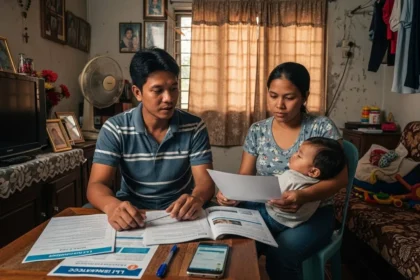 Filipino family reviewing life insurance options together in their modest home.