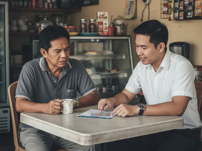 Filipino man spotting red flags while discussing life insurance with an agent.