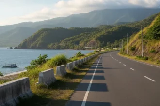A scenic Mindoro coastal road with mountains and sea, representing quiet beaches and island roads featured in this Mindoro Travel Guide.