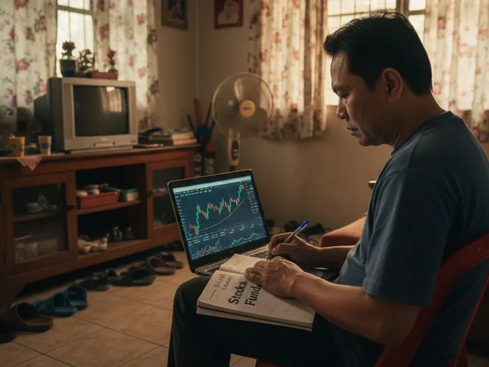 Filipino taking notes on moderate-risk investments using an old laptop.