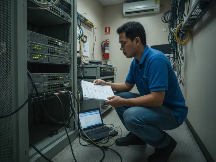Filipino network technician working on routers and switches while preparing for Cisco certification.
