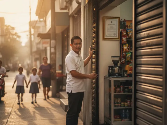 opening small business philippines permit ready Filipino owner opening a small business with permits finally completed and displayed.