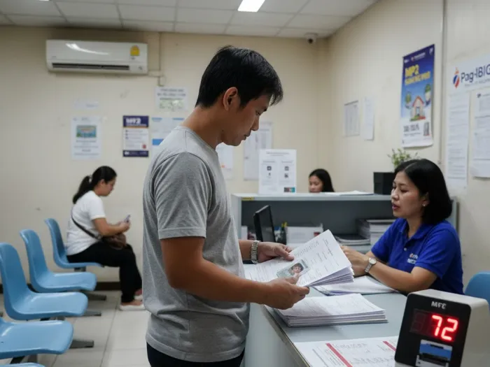 pagibig assistance loan application pinoy branch Filipino applicant filing Pag-IBIG loan and MP2 documents inside a branch.