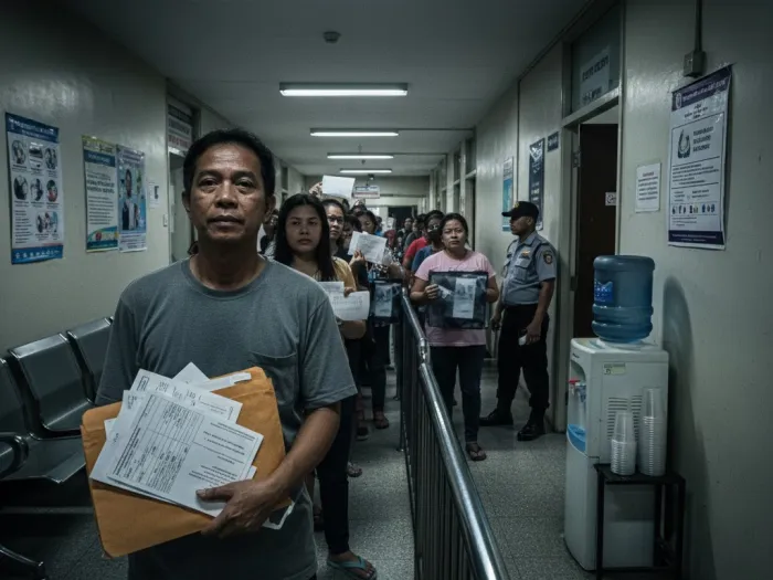 pcso medical assistance pinoy hospital window Filipino father filing PCSO medical assistance documents at a hospital window.