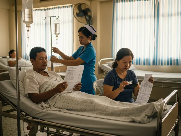 philhealth medical coverage filipino hospital room Filipino patient reviewing PhilHealth benefits inside a government hospital ward.