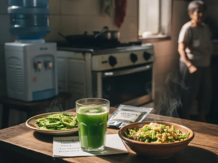 Various Ampalaya preparations—juice, tea, stir-fry, and powder—on a Filipino kitchen table.