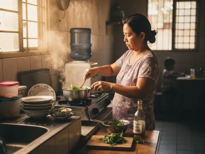 Filipina mother preparing Lagundi tea and decoction in a simple Philippine kitchen.