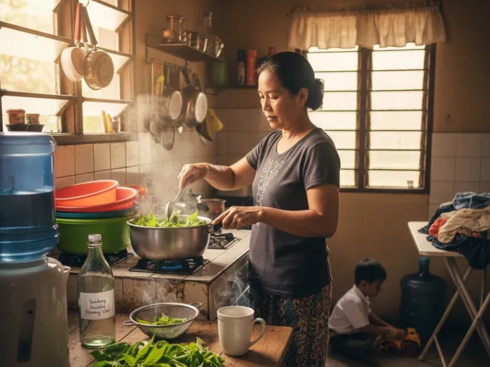 Filipina preparing Sambong tea and decoction using fresh leaves inside a typical Philippine kitchen.