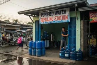 Newly opened water refilling station in the Philippines with the owner preparing to start operations.