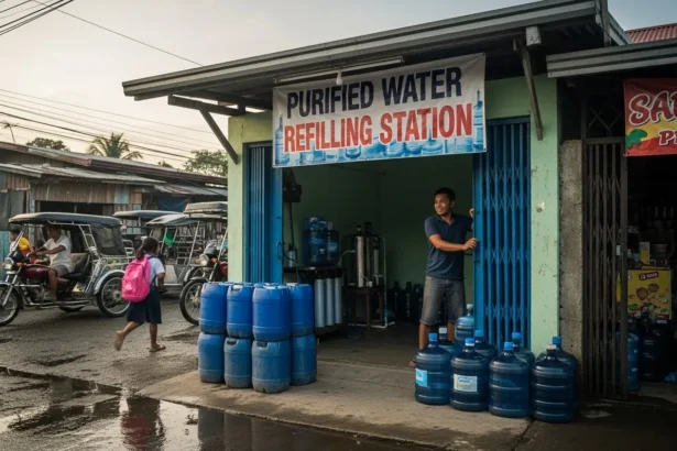 Newly opened water refilling station in the Philippines with the owner preparing to start operations.