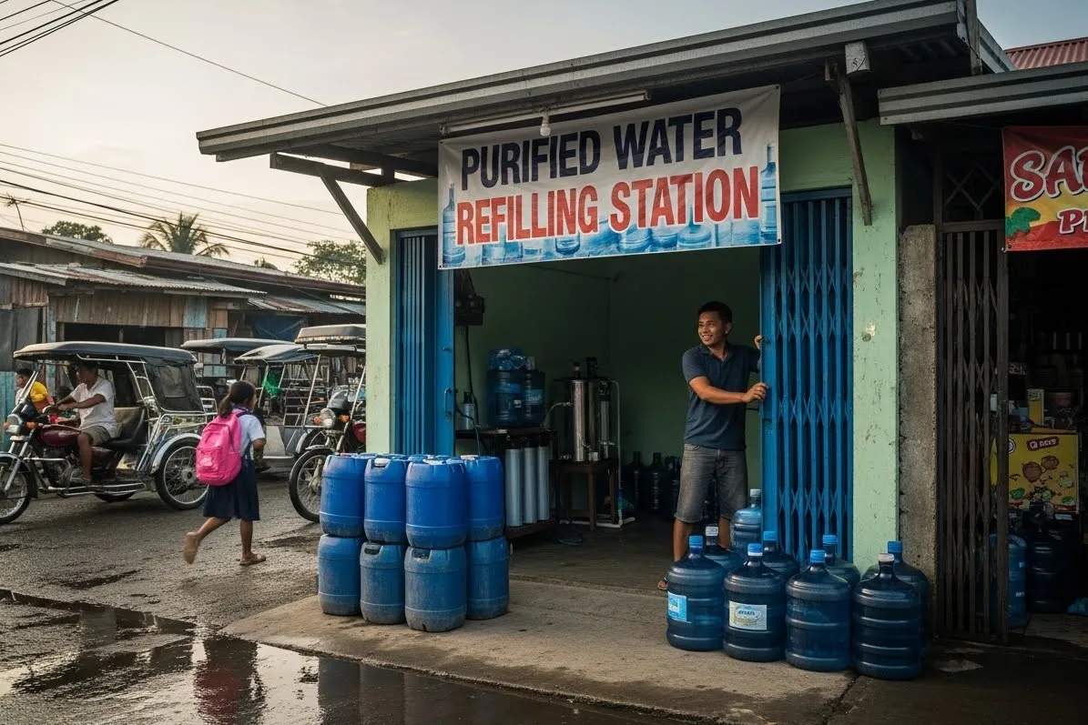Newly opened water refilling station in the Philippines with the owner preparing to start operations.