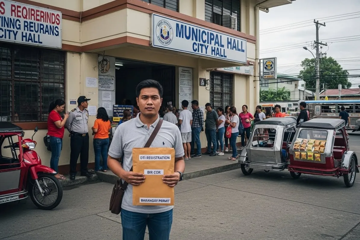 Filipino entrepreneur outside a city hall holding DTI, BIR, and LGU business registration documents.