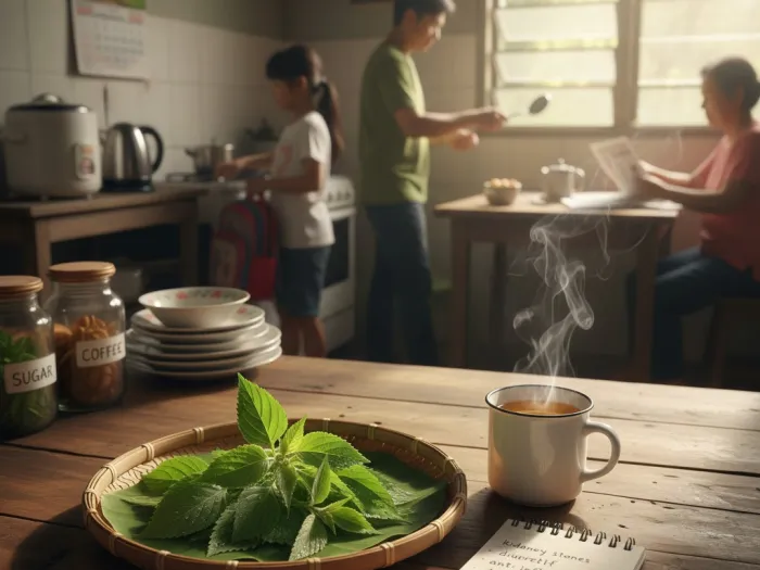 Fresh Sambong leaves and tea arranged in a Filipino kitchen to highlight kidney and urinary health benefits.