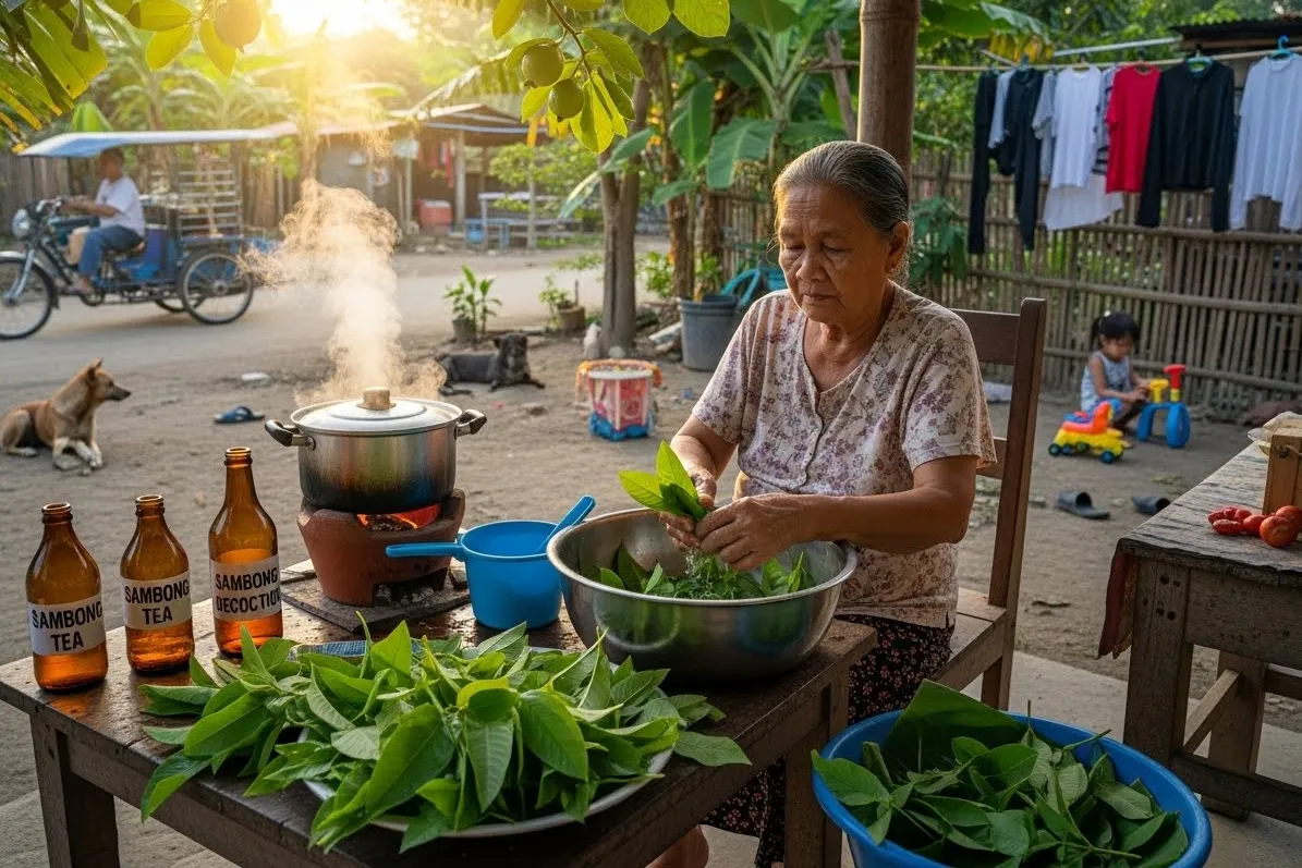 Filipina elder washing Sambong (Blumea balsamifera) leaves in a rural Philippine home for kidney health preparation.