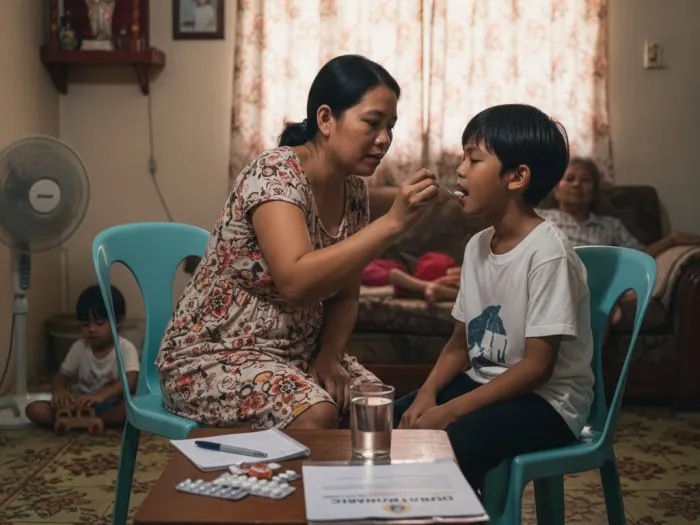 Filipino parent giving the correct Sambong dosage to a child following DOH guidelines.